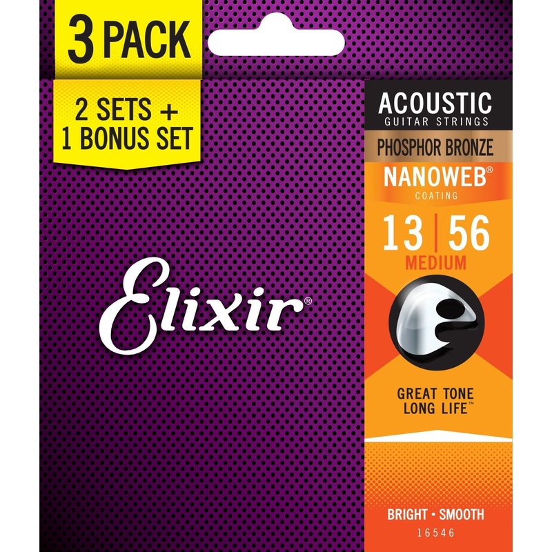 Elixir 16546 Nanoweb Phosphor Bronze Coated Acoustic Guitar Strings Medium 13-56 3-Pack