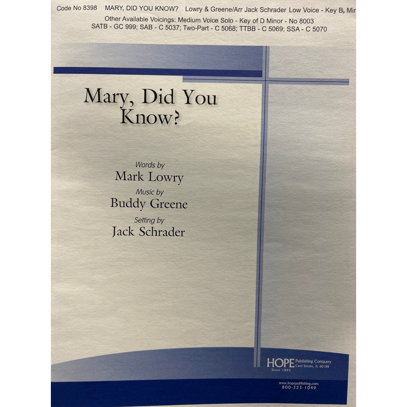Mary, Did You Know? - Low Voice - Lowry / Greene / Schrader