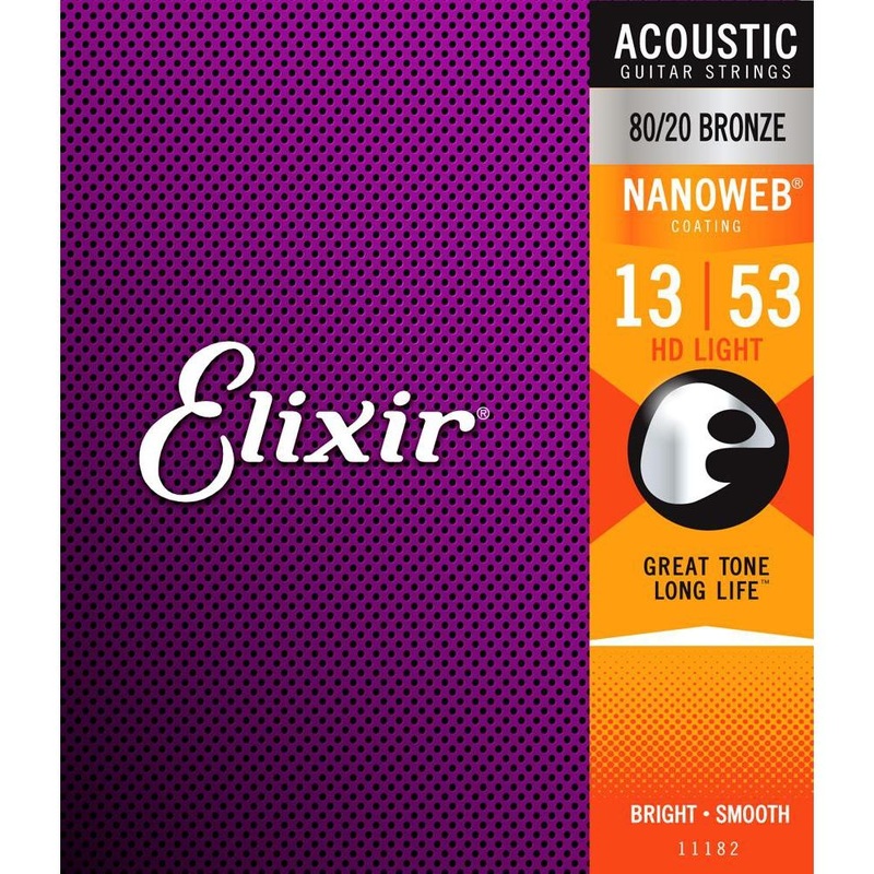 Elixir 11182 Nanoweb HD 80/20 Bronze Coated Acoustic Guitar Strings HD Light 13-53