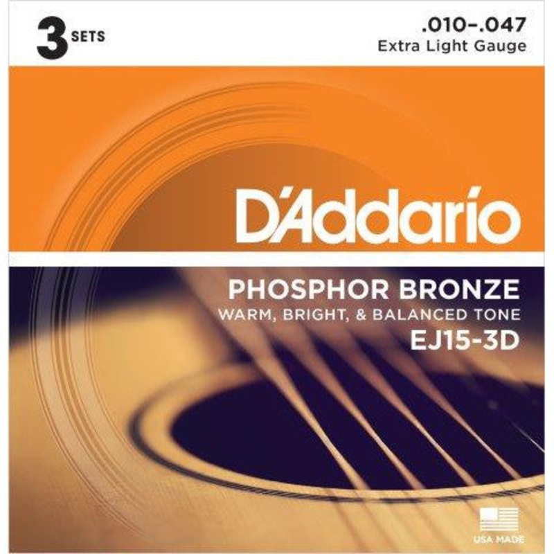D'Addario EJ15-3D 3-Pack Phosphor Bronze 10 - 47 Acoustic Guitar Strings