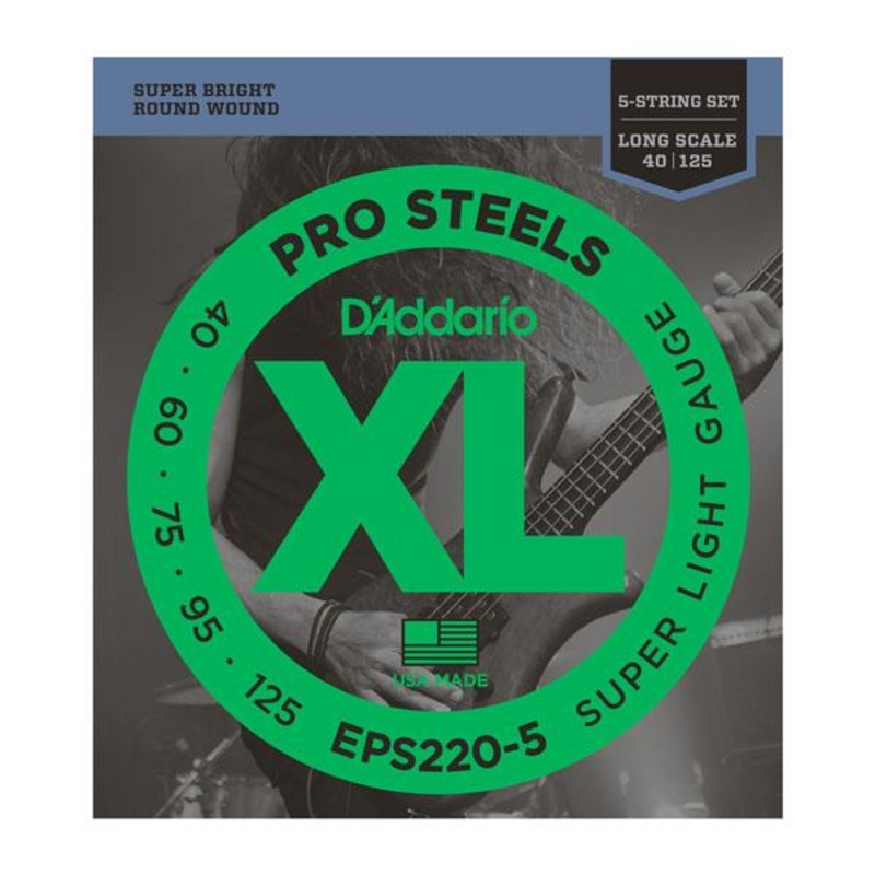 D'Addario EPS220-5 Pro Steels Round Wound 5-String Bass Strings Long Scale Super Light 40-125