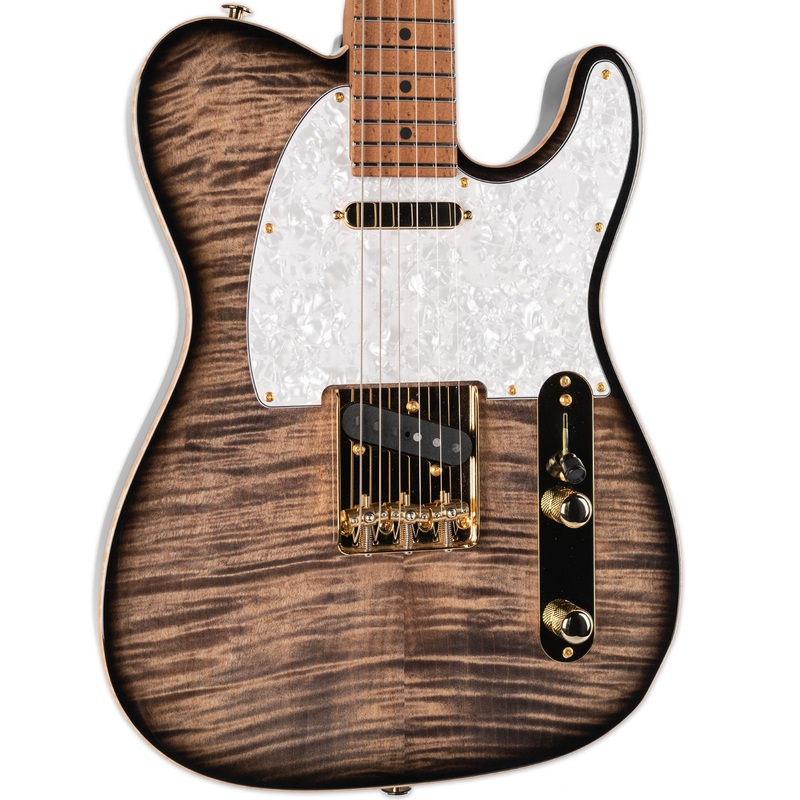 SUHR CUSTOM CLASSIC T- TRANS CHARCOAL BURST, ROASTED BIRDSEYE MAPLE NECK