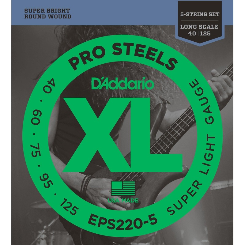 D'Addario ProSteels 5-String Bass Guitar String Set, Steel, EPS220-5 Super Light .040-.125