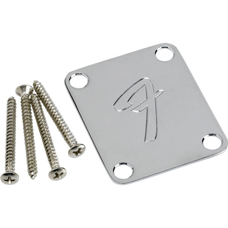 Fender Neck Plate, 4 Bolt, 70s Vintage F Logo, Chrome