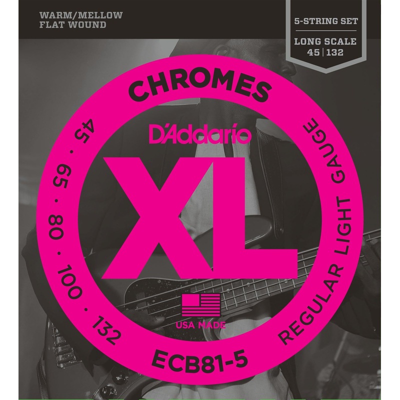 D'Addario Chromes 5-String Bass Guitar String Set, Flatwound, ECB81-5 Light .045-.132, Long Scale