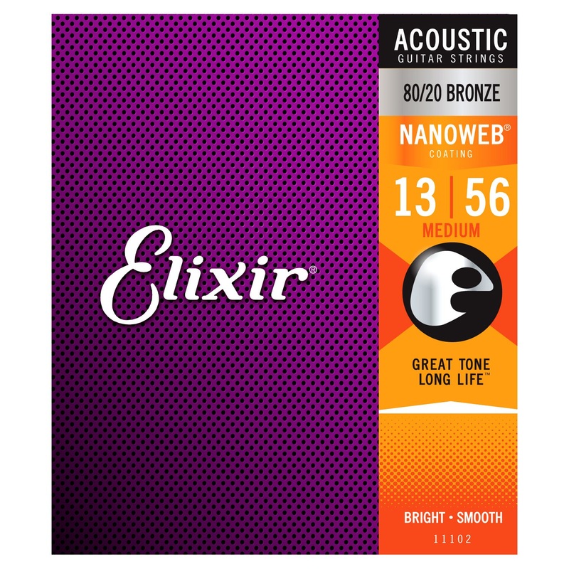 Elixir 11102 Nanoweb 80/20 Bronze Acoustic Guitar Strings - Custom Medium (13-56)