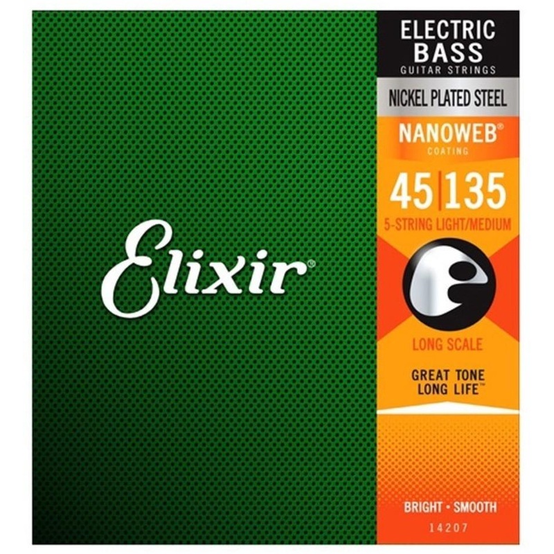 Elixir Nanoweb Coated 5-String Bass Guitar String Set, Nickel, .045-.135