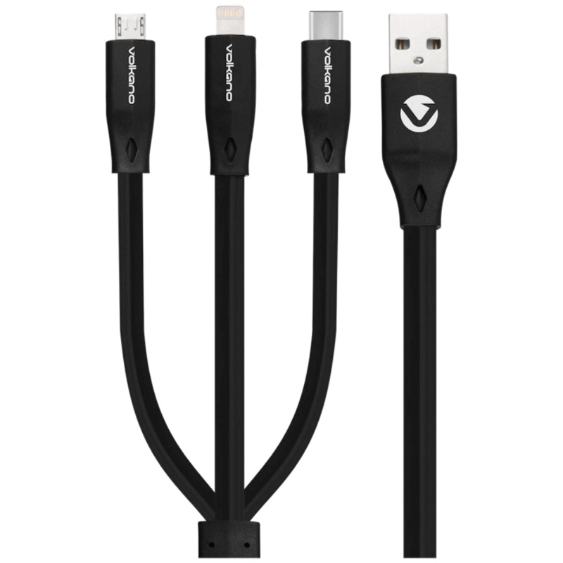Volkano Slim Series Flat PVC 3-in-1 (Type-C / Lightning / Micro) Cable 30W 1m- Black