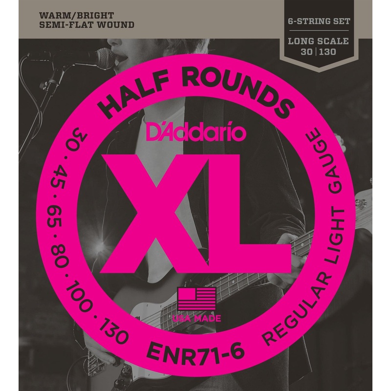 D'Addario XL Half Round 6-String Bass Guitar Set, ENR71-6 Regular Light .030-.130 Long Scale