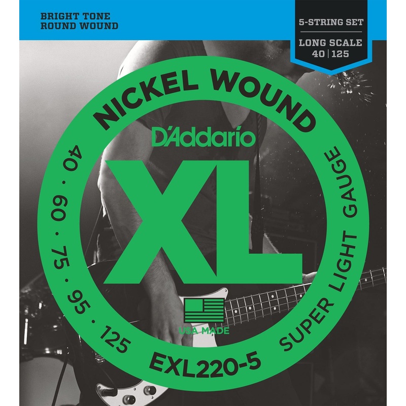 D'Addario XL 5-String Bass Guitar String Set, Nickel, EXL220-5 Super Light .040-.125