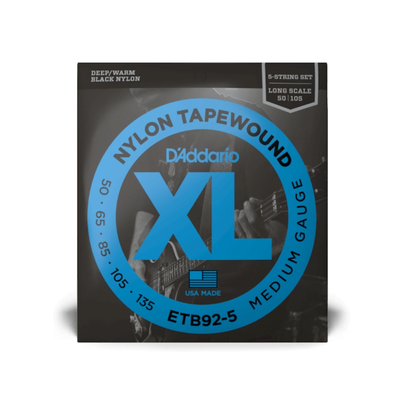D'Addario Black Nylon Tapewound Bass String Set Long Scale - 5-String 50-135 Medium ETB92-5