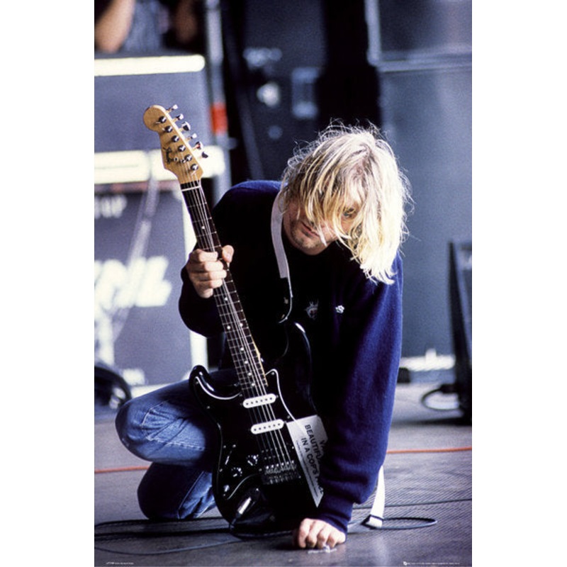 Kurt Cobain On Knee with Fender Strat Poster