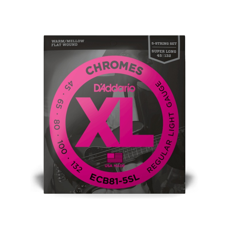 D'Addario ECB81-5SL Chrome Flat Wound Super Long Scale 5-String Bass Guitar Strings, Light
