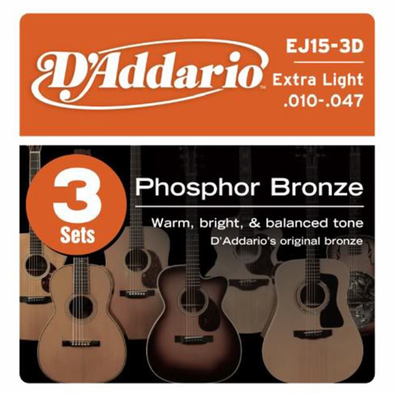 DAddario EJ15-3D Phosphor Bronze Acoustic Guitar Strings - Extra Light - 3 Sets