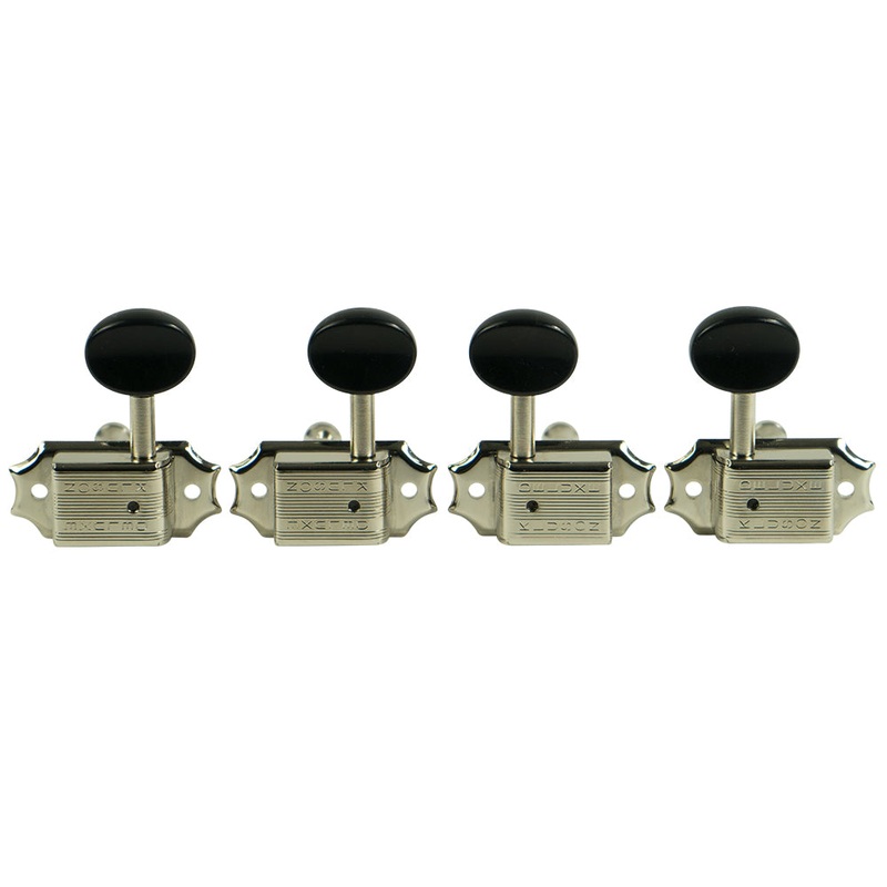 Kluson 2 Per Side Deluxe Series Tuning Machines For Ukulele Or Tenor Guitar Nickel With Black Plastic Button