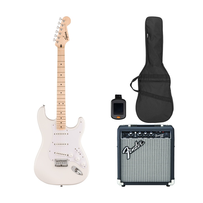 Squier Sonic Stratocaster HT Electric Guitar Bundle w/White Pickguard, Maple FB, Arctic White (VN Exclusive)