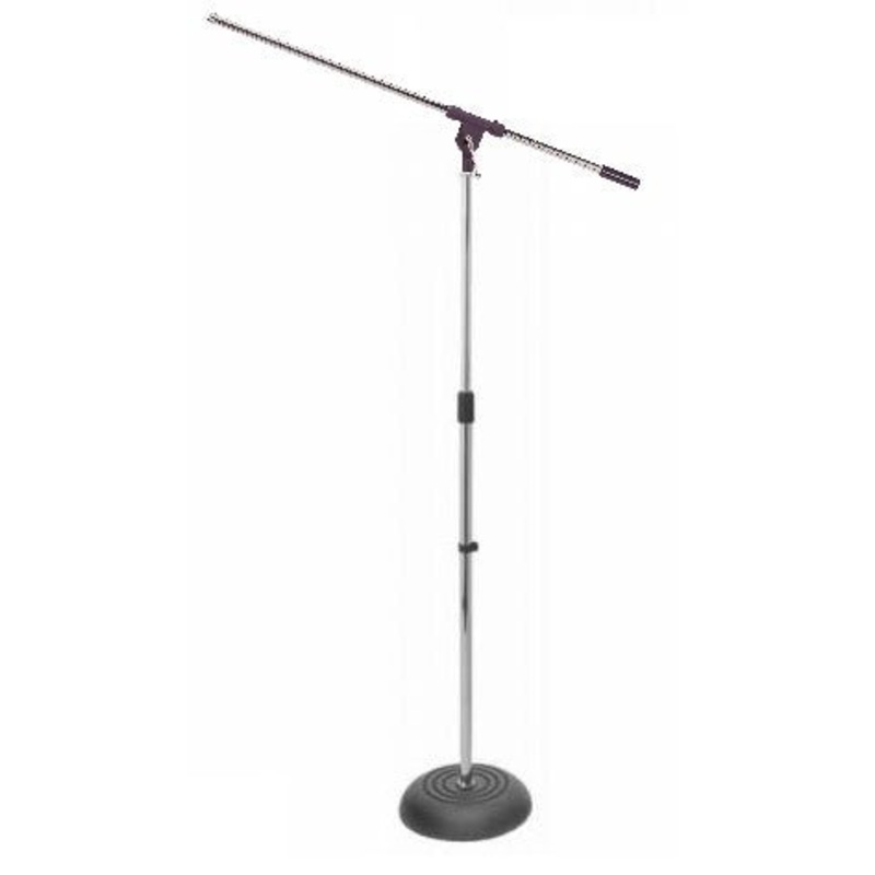 Round Base Microphone Stand with Boom Arm & Clip - Chrome