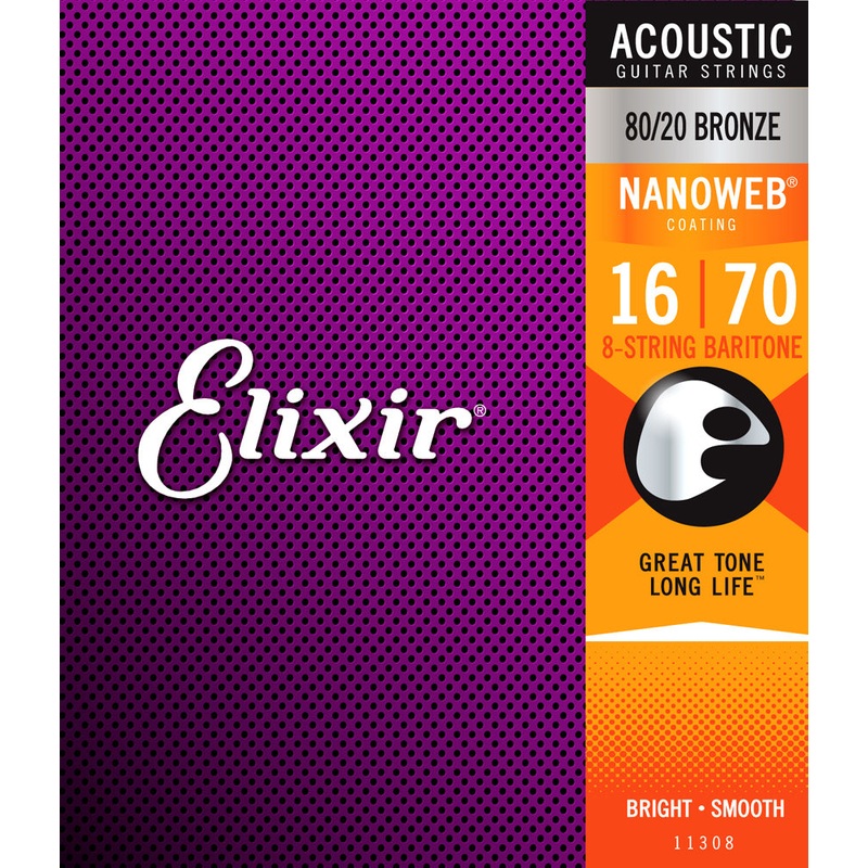 Elixir 11308 .014-.070 80/20 Bronze Nanoweb Baritone 8-String Acoustic Guitar Strings