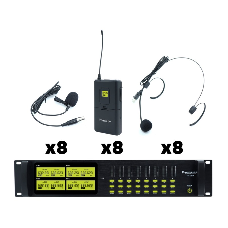 Precision Audio 8 Channel UHF Wireless Headset Microphone System Rack Mount LCD Display