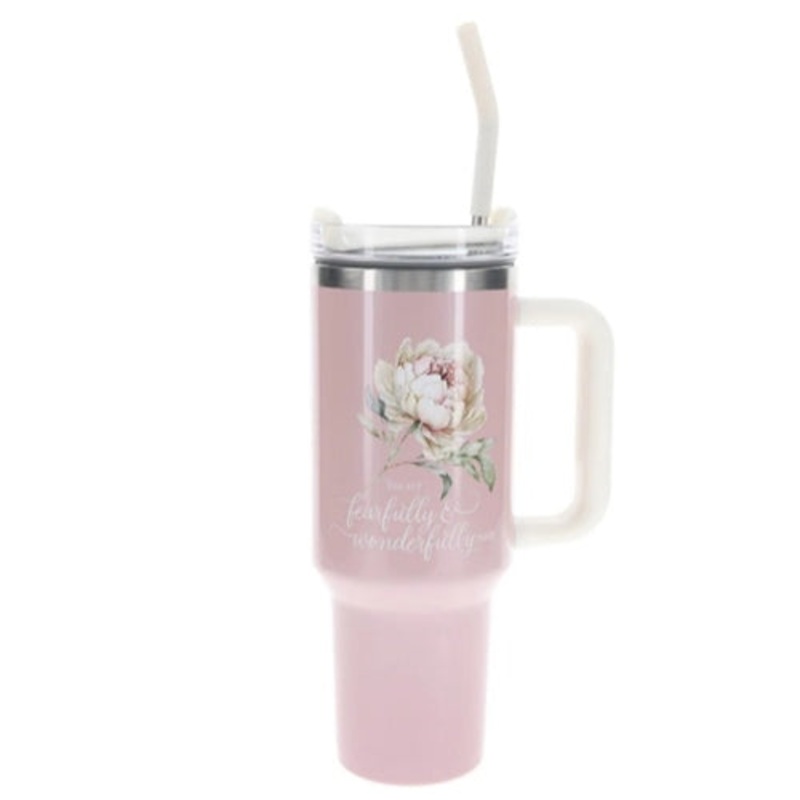 Stainless Steel Mug with Handle and Straw -You Are Fearfully and Wonderfully Made Large