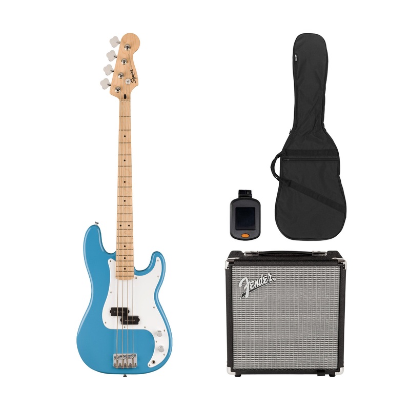 Squier Sonic Precision Bass Guitar Bundle w/White Pickguard, Maple FB, California Blue (VN Exclusive)