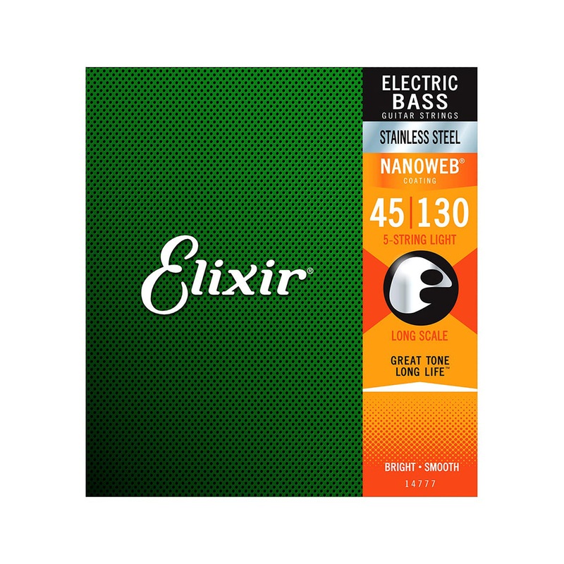 Elixir 14777 Nanoweb Med w/ Light B Long Scale Stainless Steel 5-String Electric Bass Strings 45-130
