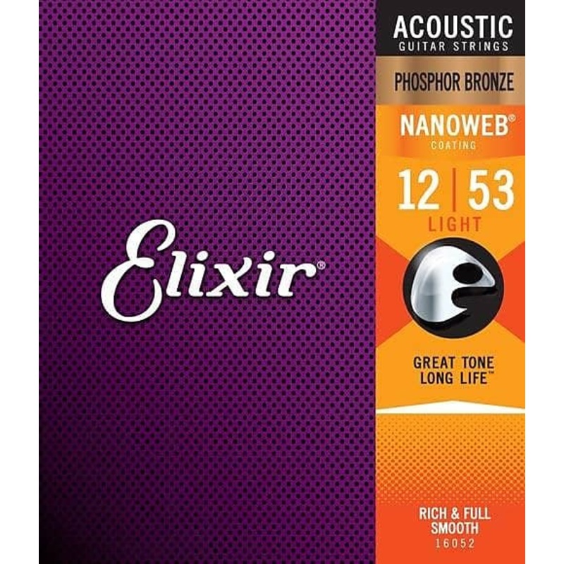 Elixir 16052 Nanoweb Phosphor Bronze Acoustic Guitar Strings - Light (12-53)