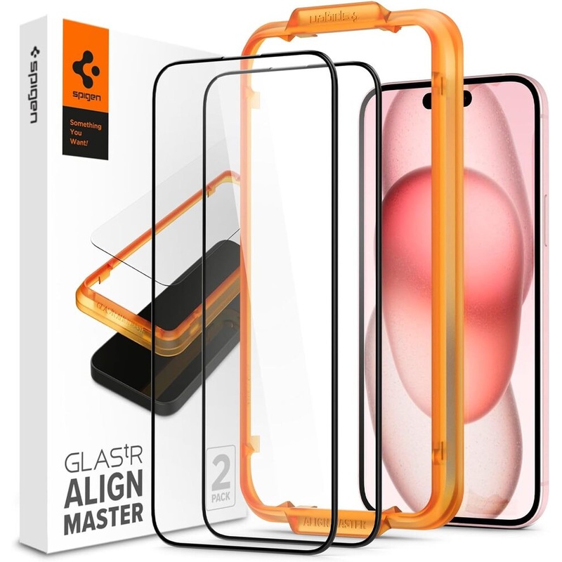 Spigen Apple iPhone 15 Plus AlignMaster GLAS.tR Full Cover 2PCS Glass Screen Protector - Black