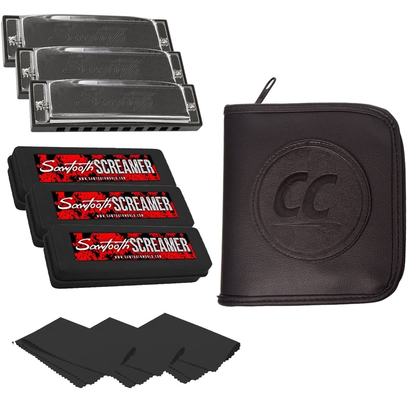 Sawtooth Screamer Three Pack Chrome Plated Harmonicas, Key of A, C, and G with Travel Case and Cloths
