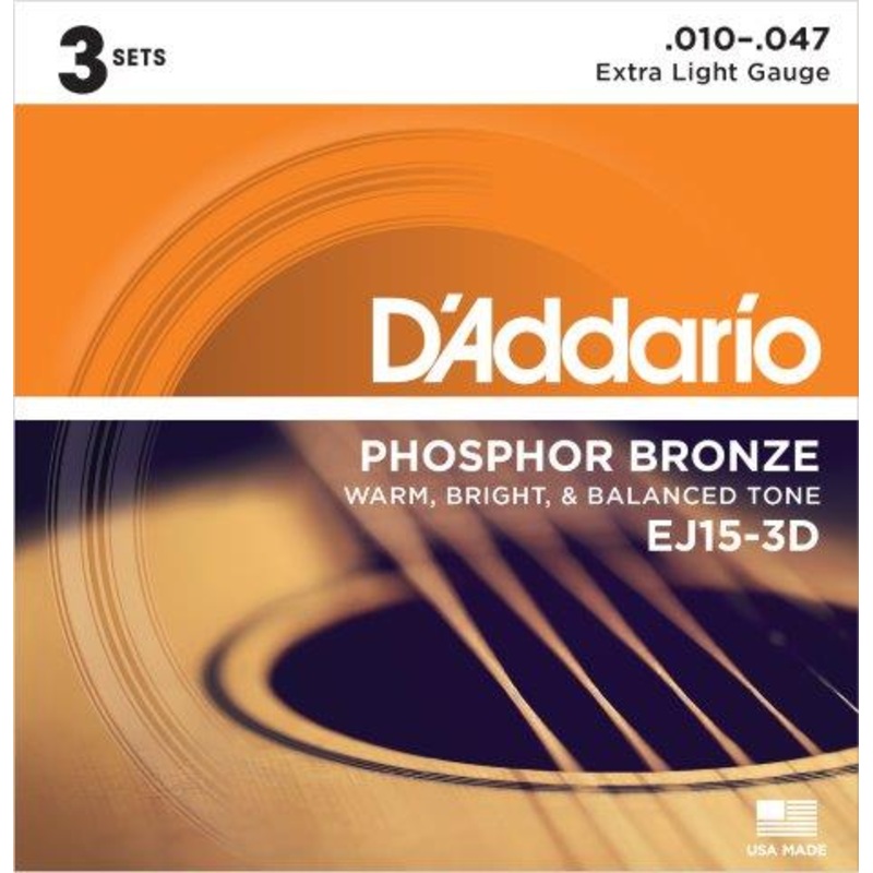 Daddario 3 Pack Acoustic Guitar String Set 10/47 Phospher Bronze X/LGT EJ15-3D
