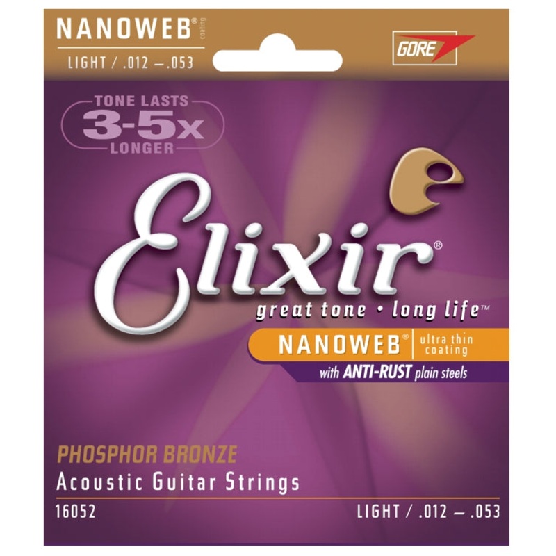 Elixir 16052 Phosphor Bronze Nanoweb Coated Acoustic Guitar Strings, Light (12 - 53)