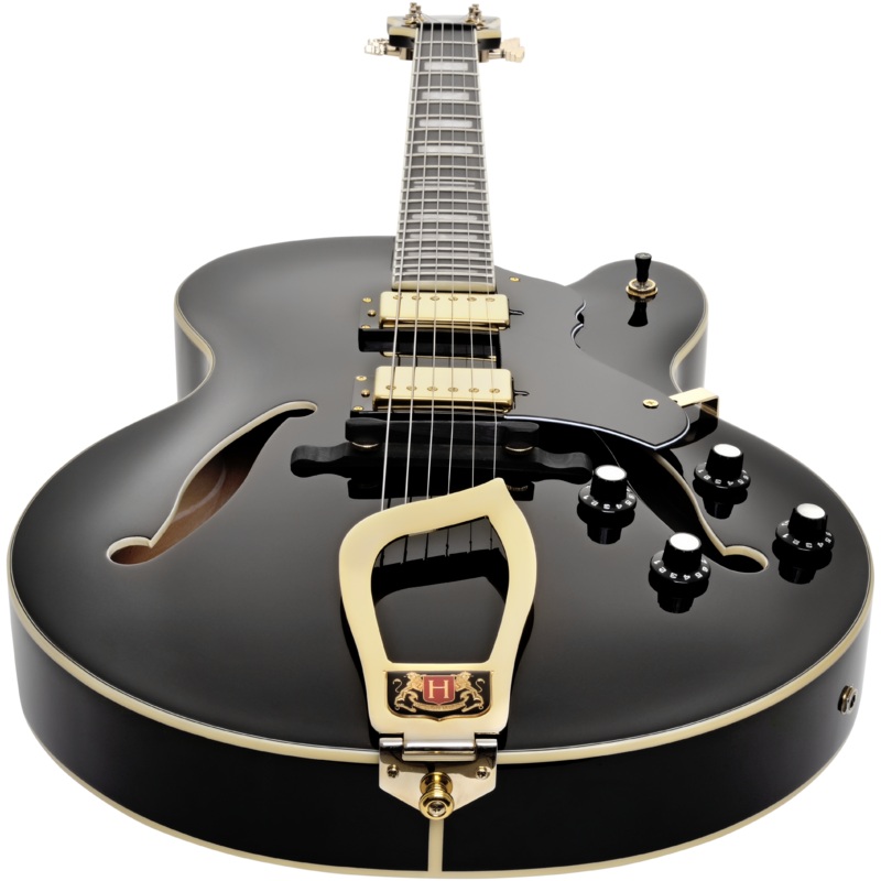 Archtop Jimmy HJ500 Hollow-Body Jazz Electric Guitar, Black Gloss with Case