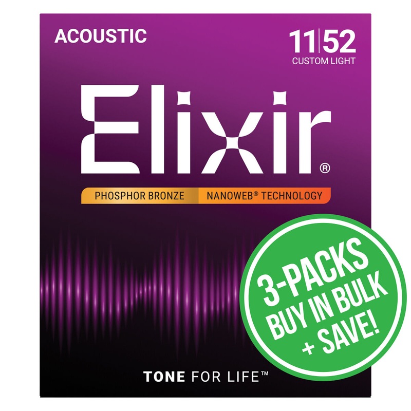 Elixir 16544 Nanoweb Phosphor Bronze 11-52 3 Pack Custom Light