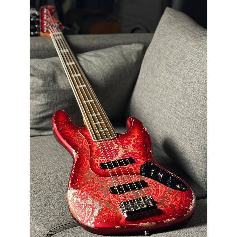 Dhatarattha Custom DEB 5 String Bass in Pink Paisley with RW FB and Nitrocellulose Lacquer Relic