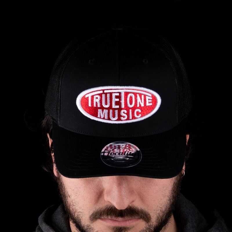 Truetone Music Trucker Hat Black with Red & White Logo