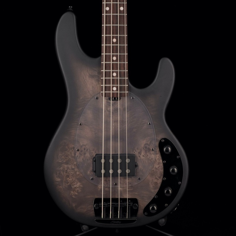 Sterling by Music Man StingRay Ray34 Poplar Burl Top Trans Black Satin With Bag