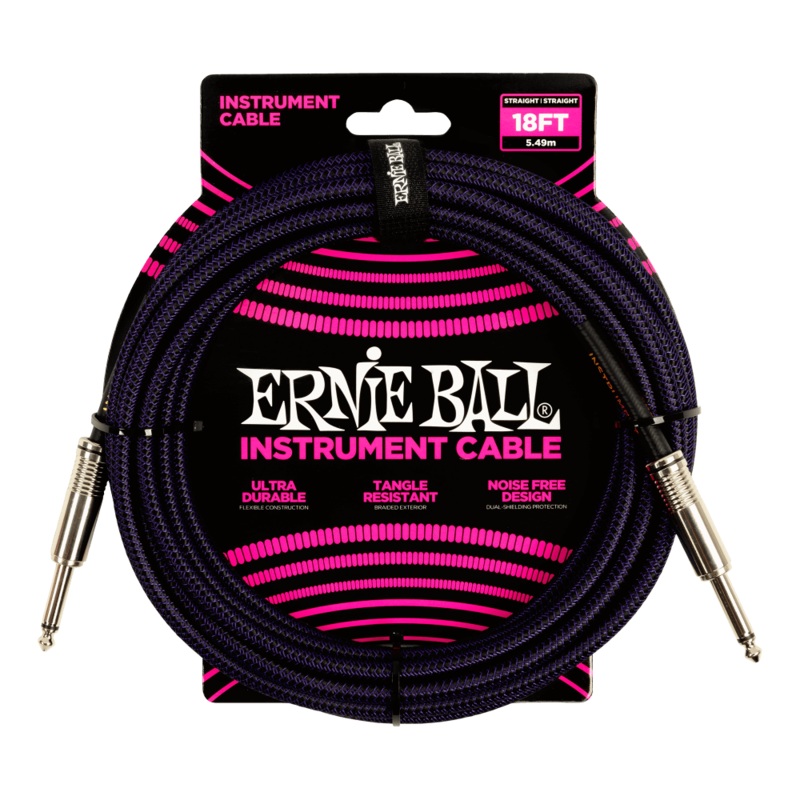 Ernie Ball 18' Braided Instrument Cable Purple Black straight/straight