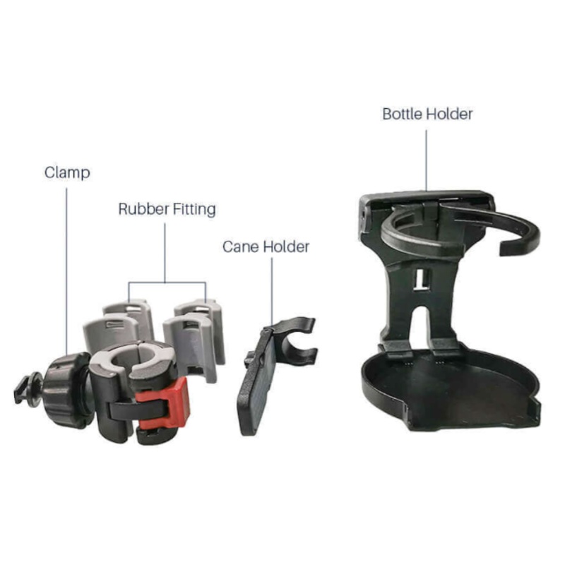 2 in 1 Holder (Bottle and Cane Holder) for Wheelchairs, Mobility Scooters, Bicycles