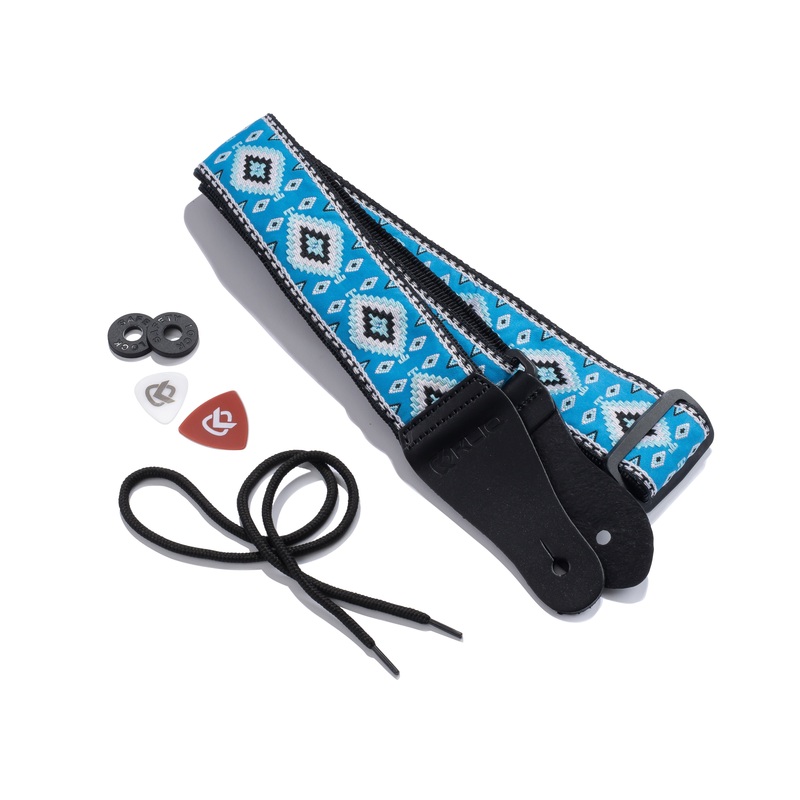 Vintage Woven Guitar Strap for Acoustic & Electric Guitars + 2 Free Rubber Strap Locks, 2 Free Guitar Picks & 1 Free Lace | '60s Jacquard Weave Hootenanny Style | Custom Navajo Pattern | Dine Sky & Turquoise