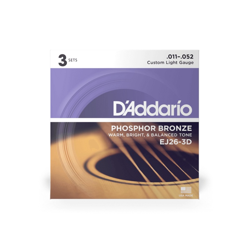 D'addario Acoustic Guitar Strings 3 Pack Set - 11-52 Custom Light