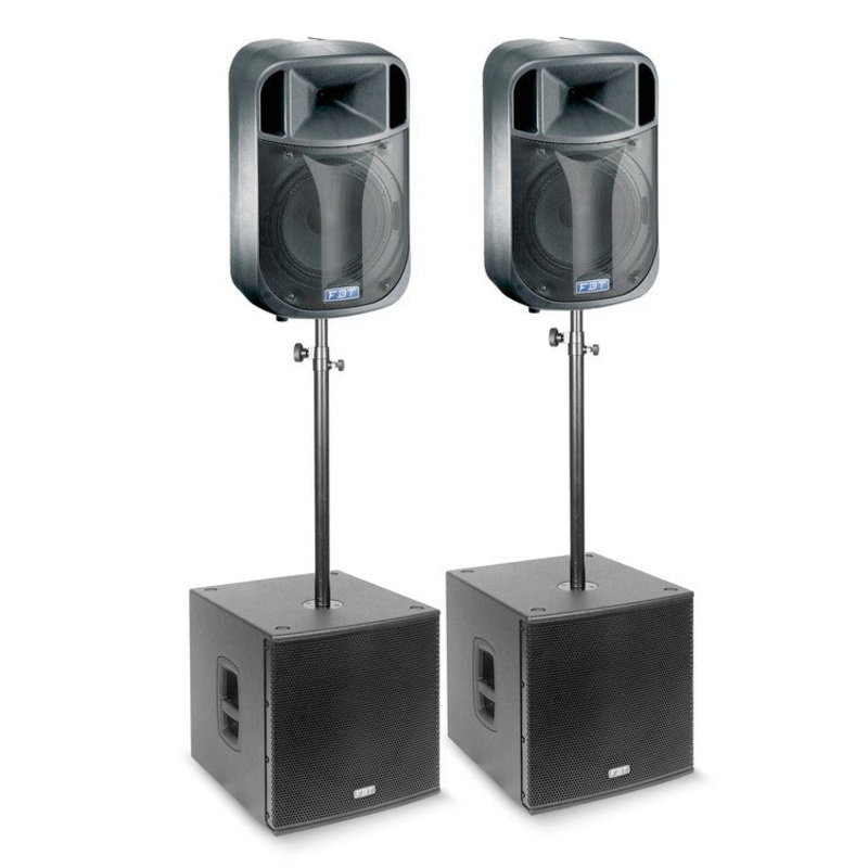 FBT J2000 Active PA System Package - 12" Speakers & 15" Subwoofer with Poles and Covers BLACK