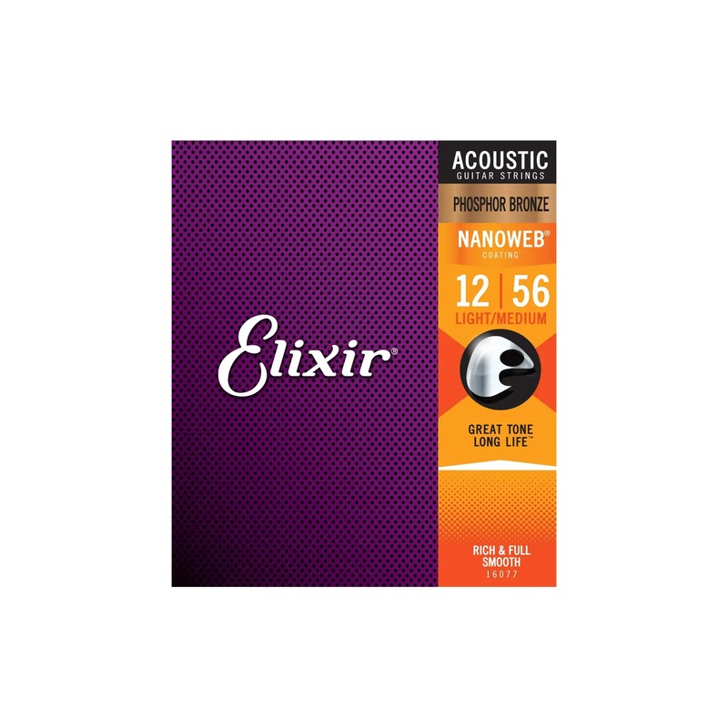 Elixir 16077 Phosphor Bronze With Nanoweb Coating Acoustic Guitar Strings - Light/Medium .012-.056